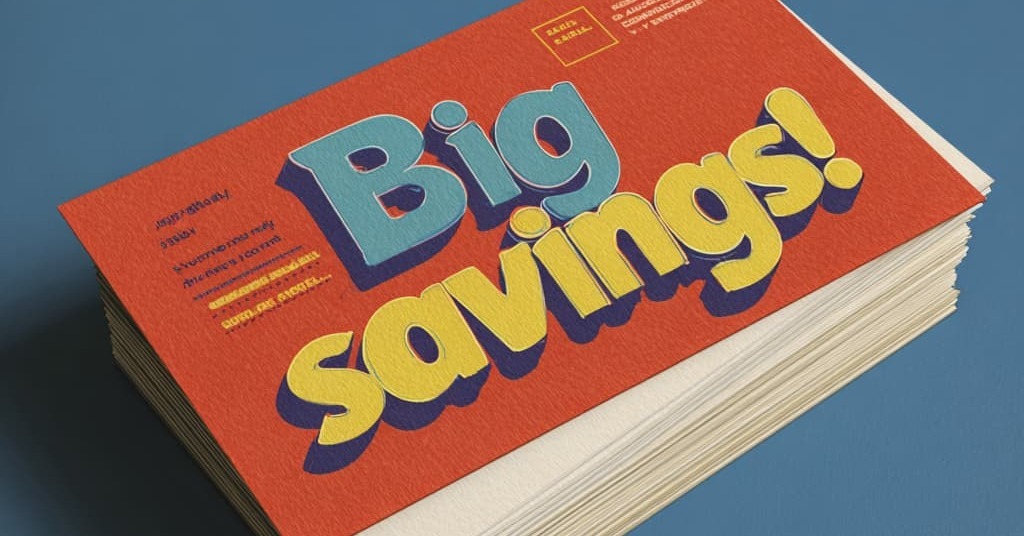 a pile of oversized postcards. the top postcard on the pile has bold yellow and blue text against a bold red background.