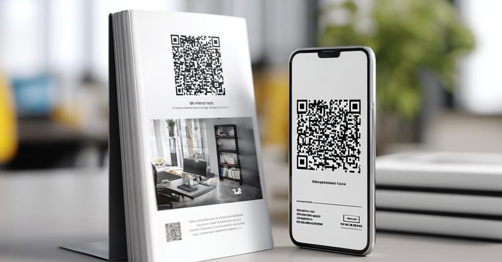 a stack of postcards with two QR codes. next to the stack is a phone with the same QR code displayed.