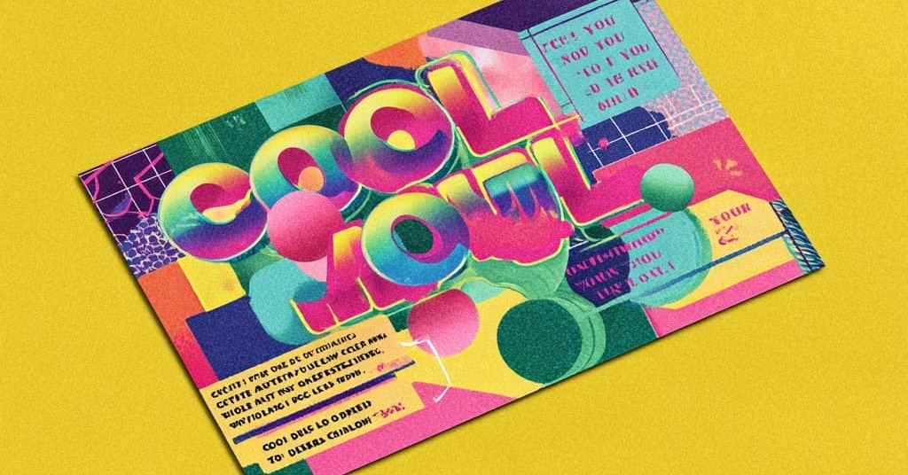 a retro-style postcard in bold, neon 80s colors and clashing patterns.