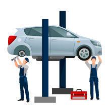 cartoon of employees repairing a tire