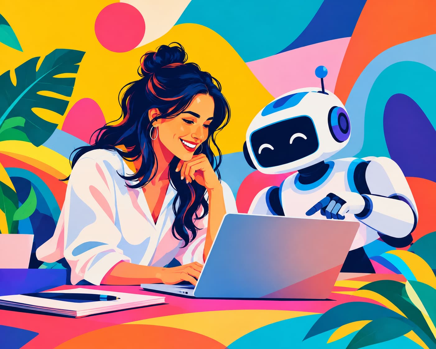 an illustration of a woman and a robot working collaboratively - representing AI and humans working together