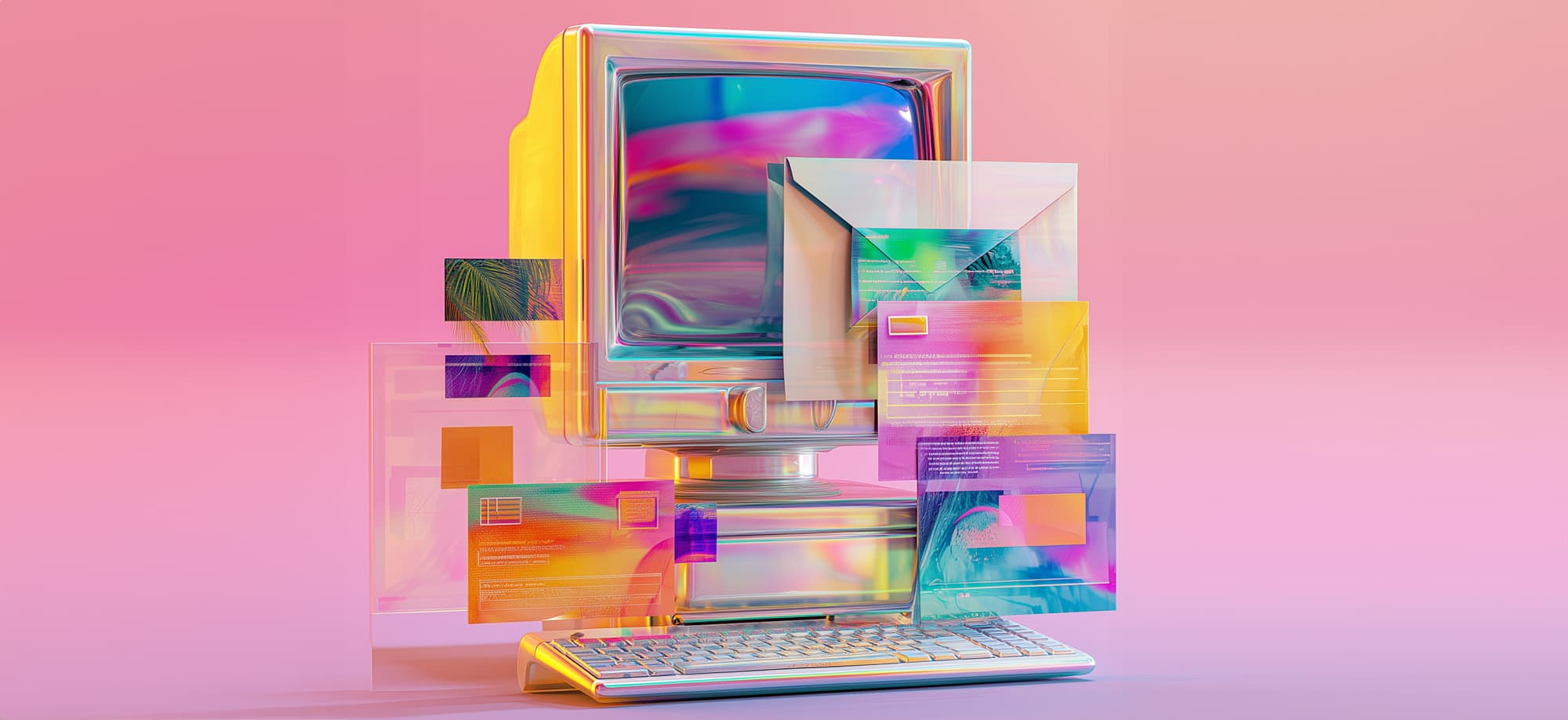 an asbstract image of a computer with postcards overlaid, representing a combination of digital and print