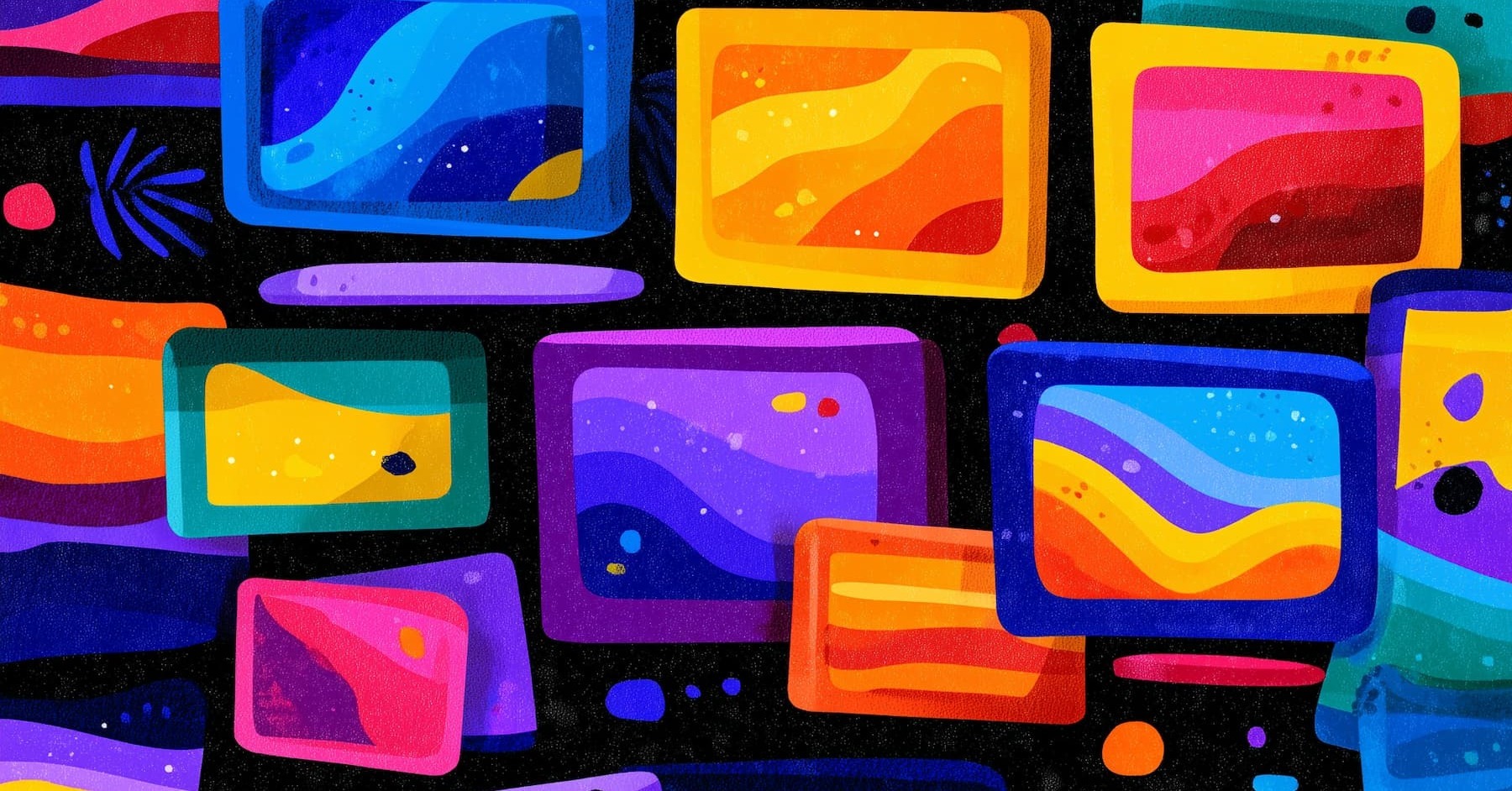 abstract illustration of postcards and tv screens floating in a black void