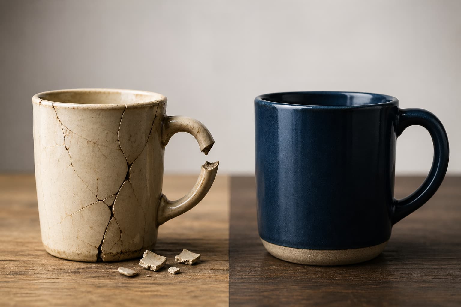 two mugs side by side: one made of inferior materials that's cracking. the other made of superior materials that's in pristine shape. representing the concept of choosing 'cheap' vs. quality.