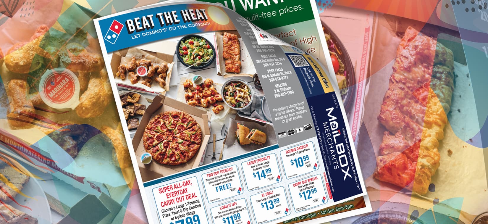 collage of shared mail inserts with pizza ads