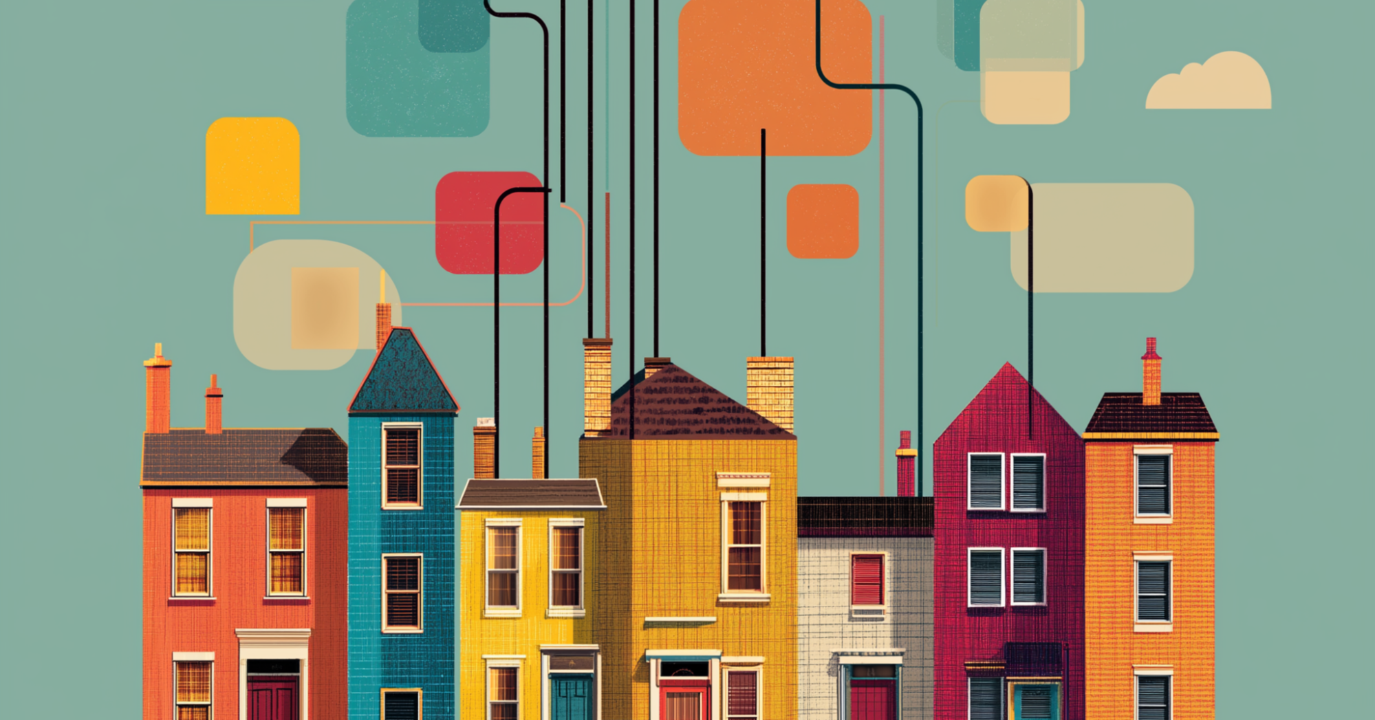 A row of cartoon houses. Blank text bubbles rise out of them, connected by lines. Representing physical and digital combining.