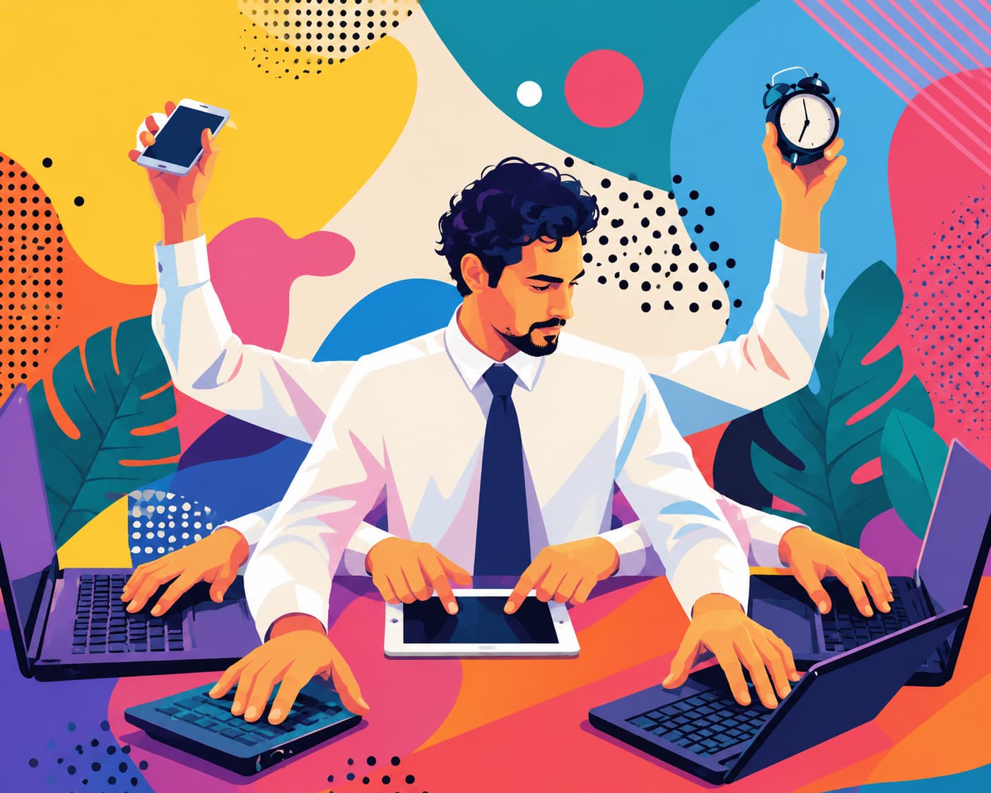 an illustration of a marketer with multiple arms, each typing on a different device. representing trying to be everywhere at once.