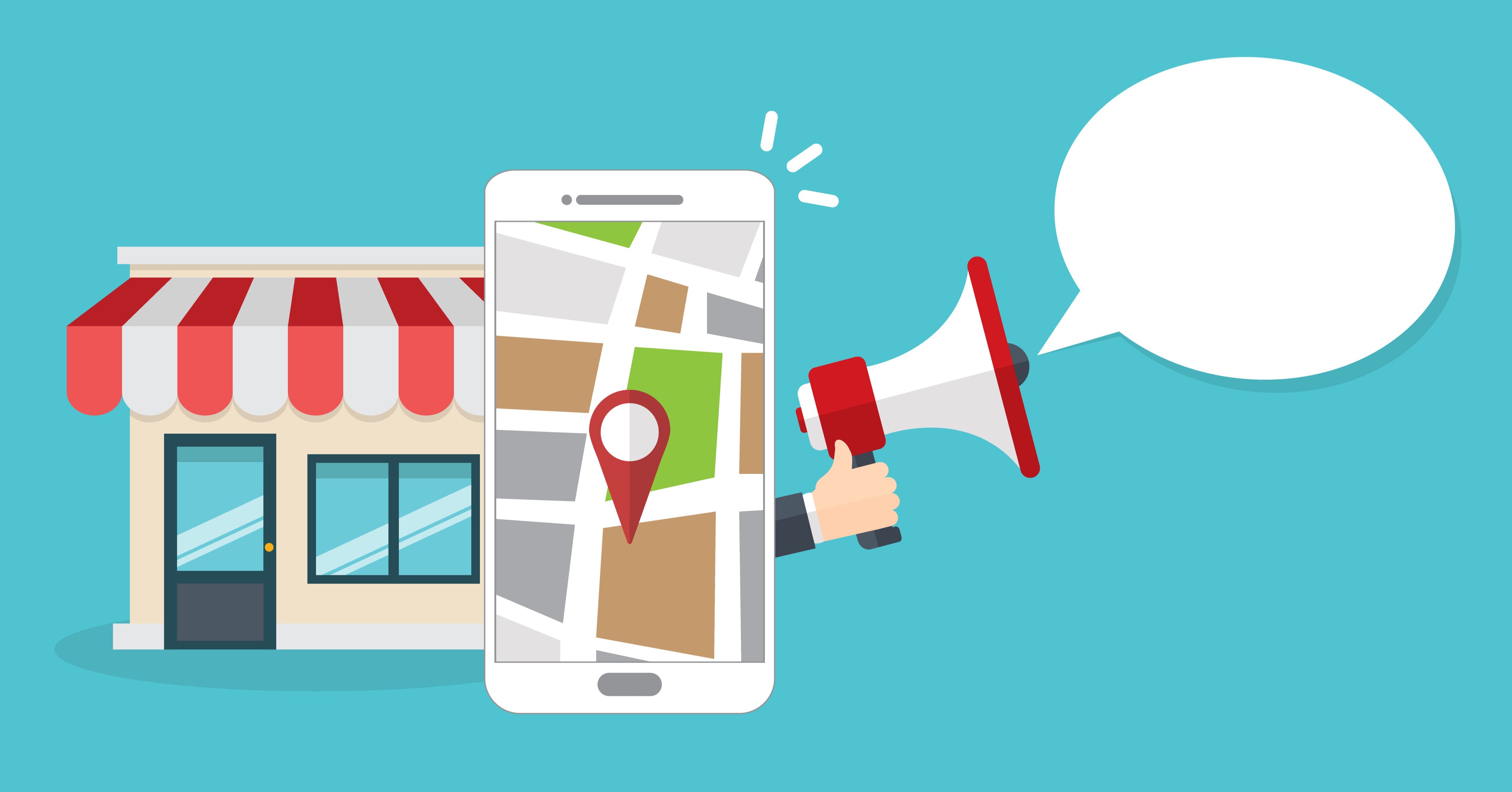 an illustrated graphic representing local marketing: a local shop, map app on a phone, and a megaphone to try and attract customers.