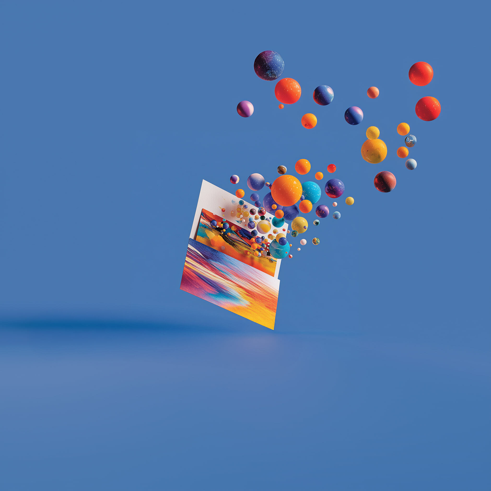 an abstract illustration of a colorful envelope opening and colorful orbs floating out of it, to represent the idea of direct mail and digital ads working together