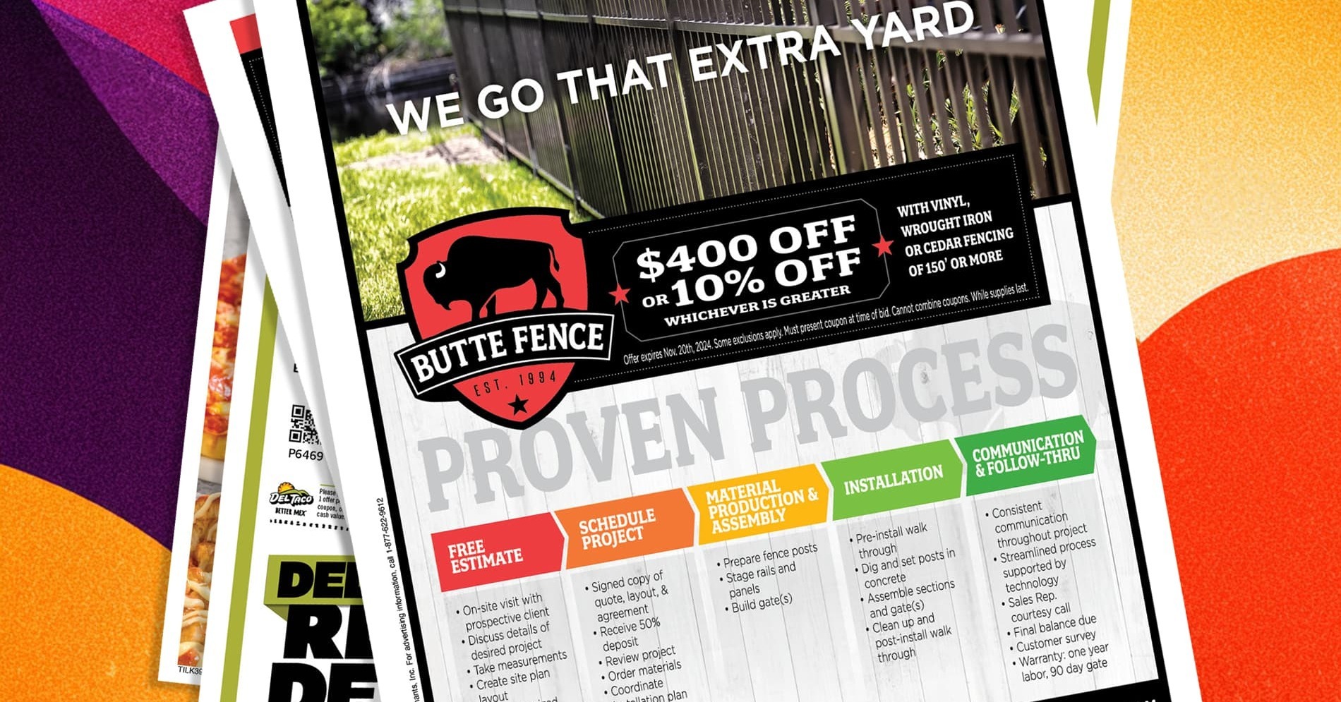 a spread of shared mail pieces against a colorful background